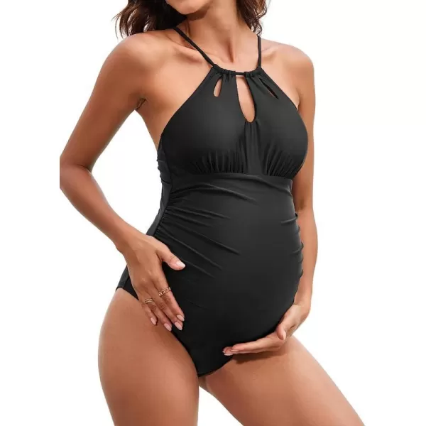 imageCUPSHE Women Swimsuit Maternity One Piece Bathing Suit Keyhole Cutout Ruched Front Crisscross Lace Up BackBlack