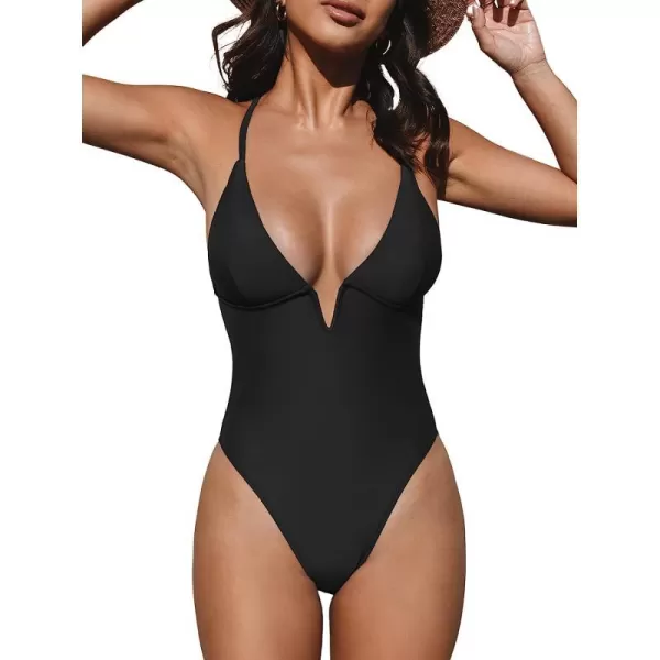 imageCUPSHE Women Swimsuit One Piece Bathing Suit Deep V Neck Crisscross Back Adjustable StrapBlack