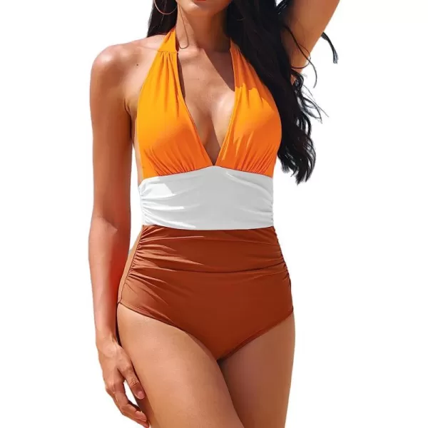 imageCUPSHE Women Swimsuit One Piece Bathing Suit Halter Color Block Ruched Tummy Control BacklessSunset Orange