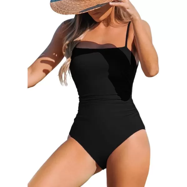 imageCUPSHE Women Swimsuit One Piece Bathing Suit Square Neck Cutout Back Tummy Control with Adjustable Spaghetti StrapsBlack