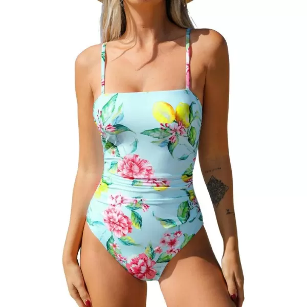 imageCUPSHE Women Swimsuit One Piece Bathing Suit Square Neck Cutout Back Tummy Control with Adjustable Spaghetti StrapsBluePink Floral