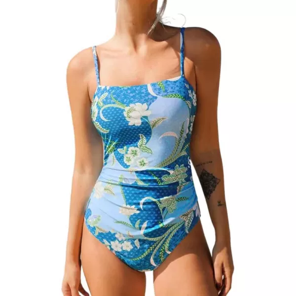 imageCUPSHE Women Swimsuit One Piece Bathing Suit Square Neck Cutout Back Tummy Control with Adjustable Spaghetti StrapsBlueWhite Floral