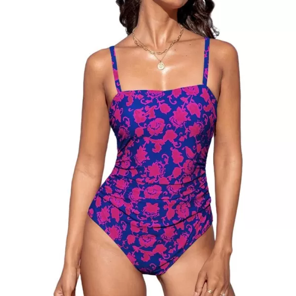 imageCUPSHE Women Swimsuit One Piece Bathing Suit Square Neck Cutout Back Tummy Control with Adjustable Spaghetti StrapsNavy BlueMagenta Floral