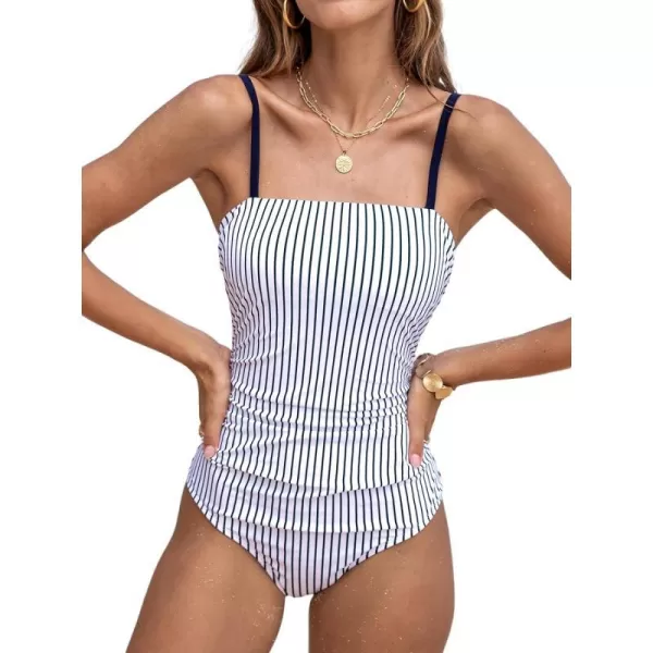 imageCUPSHE Women Swimsuit One Piece Bathing Suit Square Neck Cutout Back Tummy Control with Adjustable Spaghetti StrapsWhiteNavy Blue