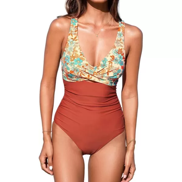 imageCUPSHE Women Swimsuit One Piece Bathing Suit Tummy Control V Neck Crisscross Wide Straps Self Tie Lace UpBrick Red Floral