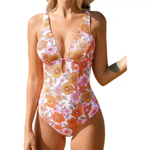 imageCUPSHE Women Swimsuit One Piece Deep V Neck Keyhole Cutout O Ring Textured Floral Bathing SuitWhite  Floral