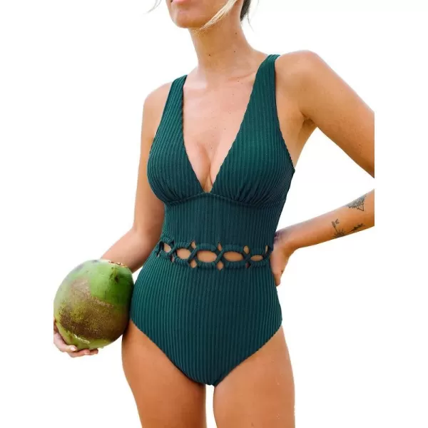 imageCUPSHE Women Swimsuit One Piece Deep V Neck Ribbed Texture Cutout Front Bathing Suit with Adjustable Wide StrapsDark Green