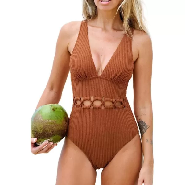 imageCUPSHE Women Swimsuit One Piece Deep V Neck Ribbed Texture Cutout Front Bathing Suit with Adjustable Wide StrapsDark Orange