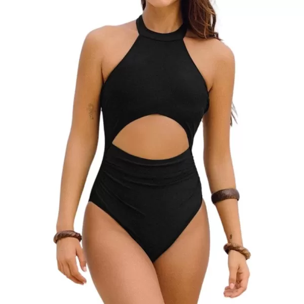 imageCUPSHE Women Swimsuit One Piece Halter Ruched Tummy Control Cutout Bathing SuitBlack