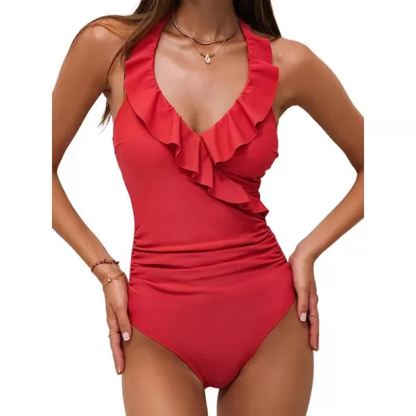 imageCUPSHE Women Swimsuit One Piece Halter Ruffle Neck Ruched Tummy Control Modest Bathing SuitRed