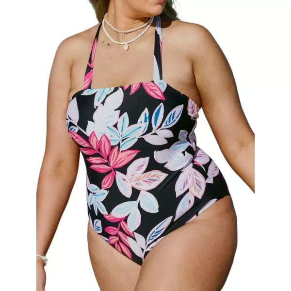 imageCUPSHE Women Swimsuit One Piece Plus Size Bathing Suit Square Neck Crisscross Self Tie Back Tropical PrintBlack  Floral