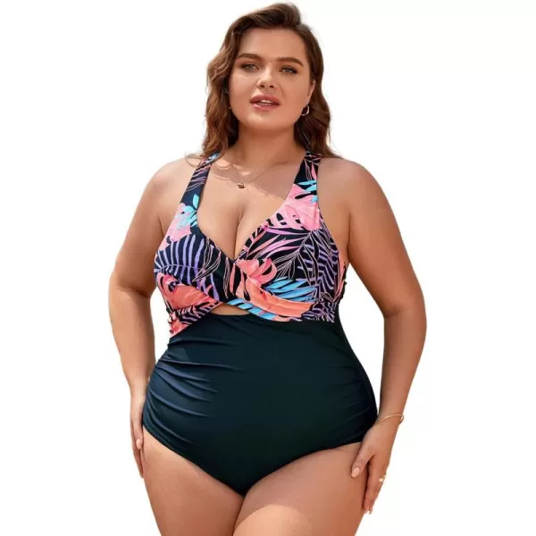 imageCUPSHE Women Swimsuit One Piece Plus Size Bathing Suit Wrap Ruched Crisscross Self Tie Back FloralBlack