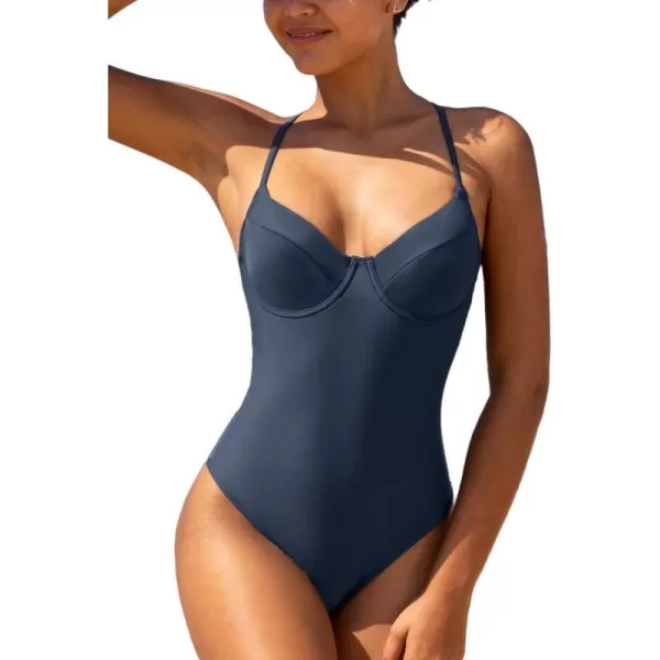 imageCUPSHE Women Swimsuit One Piece Push Up Sweetheart Neck Cross High Cut Bathing SuitDark Blue
