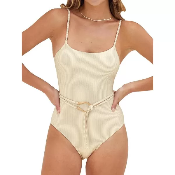 imageCUPSHE Women Swimsuit One Piece Textured Belted Scoop Neck Bathing Suit in Sparkling FabricBeige