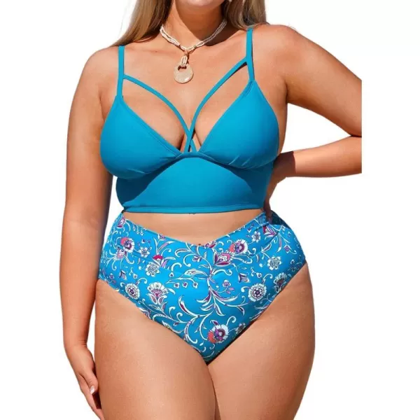 imageCUPSHE Women Swimsuit Plus Size Bikini Set Cutout Front VCut High Waisted Bottom Paisley FloralBlue Paisley Floral