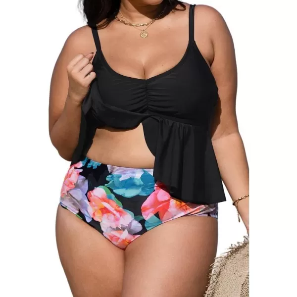 imageCUPSHE Women Swimsuit Plus Size Bikini Set High Waisted Flowy Ruffle Hem Cinch Front with Adjustable Spaghetti StrapsBlack and Floral