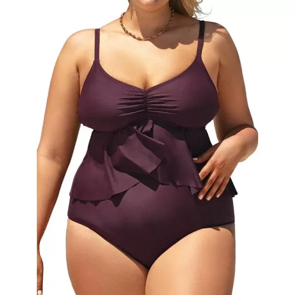 imageCUPSHE Women Swimsuit Plus Size Bikini Set High Waisted Flowy Ruffle Hem Cinch Front with Adjustable Spaghetti StrapsWine Red