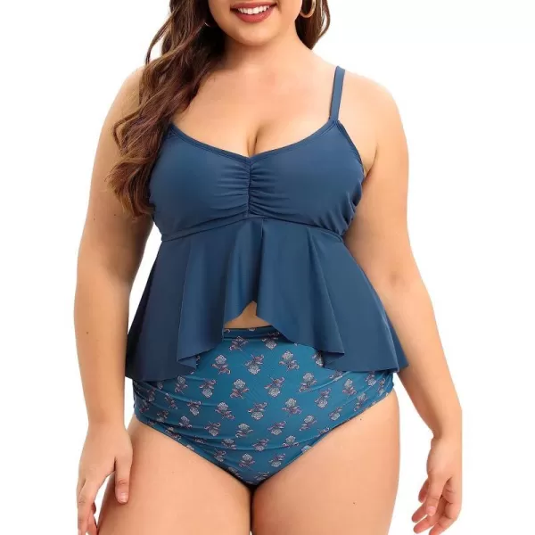 imageCUPSHE Women Swimsuit Plus Size Bikini Set High Waisted Flowy Ruffle Hem Paisley Print Ruched BottomNavy Blue