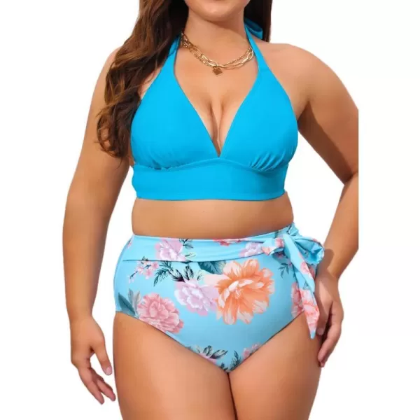 imageCUPSHE Women Swimsuit Plus Size Bikini Set High Waisted Halter Widen Hem Knotted Floral Bottom PieceBlue
