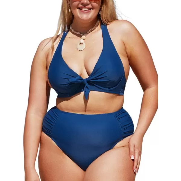 imageCUPSHE Women Swimsuit Plus Size Bikini Set High Waisted Knotted Front Crisscross Self Tie Back Ruched BottomDark Blue