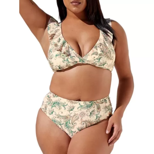 imageCUPSHE Women Swimsuit Plus Size Bikini Set High Waisted Ruffle V Neck Self Tie Bathing Suit in Paisley PrintBeige  Paisley