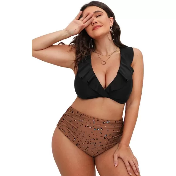 imageCUPSHE Women Swimsuit Plus Size Bikini Set High Waisted Ruffled Front Self Tie Back Ruched Bathing SuitBlack