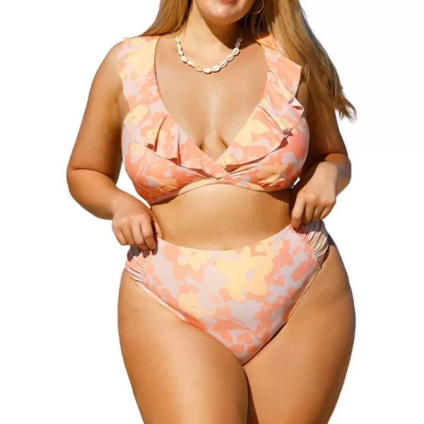 imageCUPSHE Women Swimsuit Plus Size Bikini Set High Waisted Shirred Bottom V Neck Floral Ruffled Strappy Back Tie SwimwearPink and Floral Print