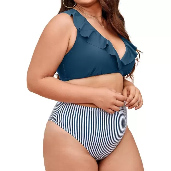 imageCUPSHE Women Swimsuit Plus Size Bikini Set High Waisted Striped Bottom Ruffled V Neck LaceUp Bathing SuitNavy and Stripes