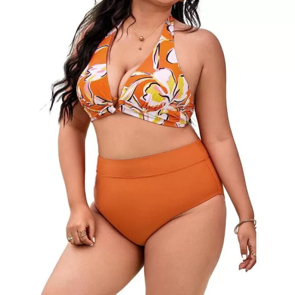 imageCUPSHE Women Swimsuit Plus Size Bikini Set High Waisted Tummy Cntrol Halter ORing Ruched Floral Bathing SuitOrange and Floral