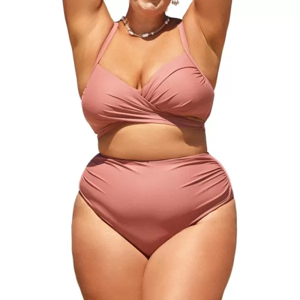 imageCUPSHE Women Swimsuit Plus Size Bikini Set High Waisted Wrapped Front Crisscross Self Tie Back FloralDusty Pink