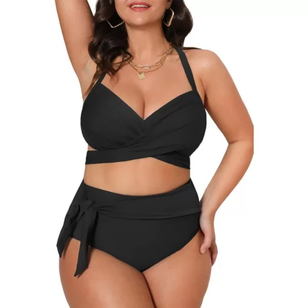imageCUPSHE Women Swimsuit Plus Size Bikini Set High Waisted Wrapped Front Self Tie Back Knotted BottomBlack