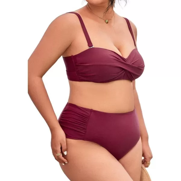 imageCUPSHE Women Swimsuit Plus Size Bikini Set Shirred Mid Rise Bottom Twist Front Removable Straps LaceUp Bathing SuitBurgundy