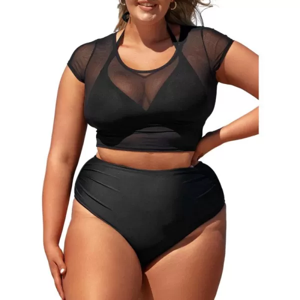 imageCUPSHE Women Swimsuit Plus Size Bikini Set Three Piece High Waisted Sheer Mesh Top Halter Ruched BottomBlack