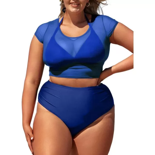 imageCUPSHE Women Swimsuit Plus Size Bikini Set Three Piece High Waisted Sheer Mesh Top Halter Ruched BottomBlue