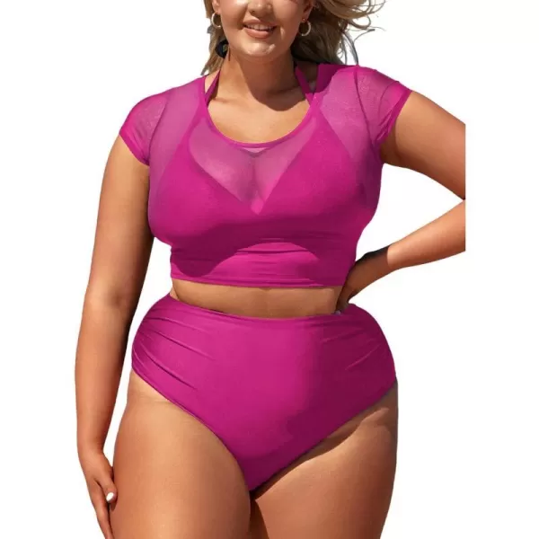 imageCUPSHE Women Swimsuit Plus Size Bikini Set Three Piece High Waisted Sheer Mesh Top Halter Ruched BottomOrchid Pink