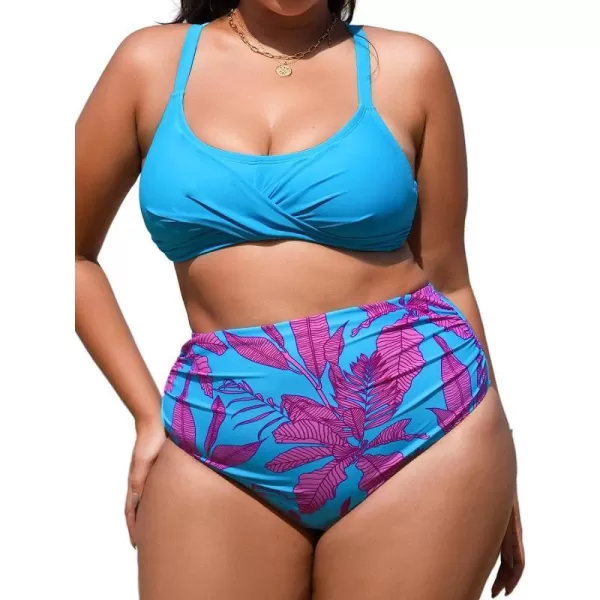 imageCUPSHE Women Swimsuit Plus Size Bikini Set Tummy Control Ruched High Waisted Crisscross Back HookBlue Floral Print