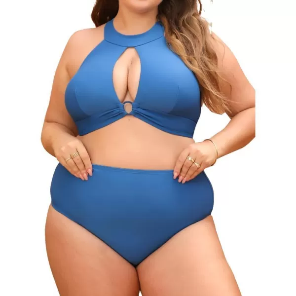 imageCUPSHE Women Swimsuit Plus Size Bikini Set Two Piece Bathing Suit High Waisted Keyhole Cutout Front Crisscross BackBlue