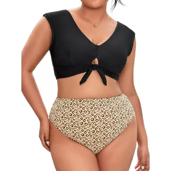 imageCUPSHE Women Swimsuit Plus Size Bikini Set Two Piece Bathing Suit High Waisted Knot Crisscross Self Tie Leopard PrintBlack  Leopard