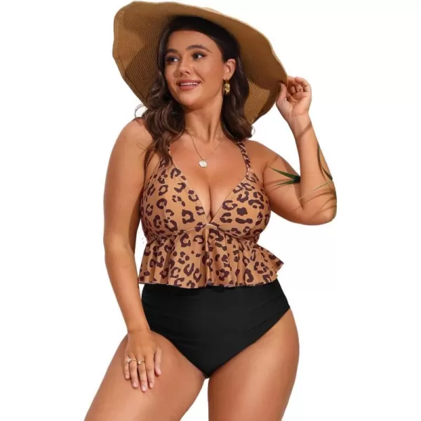 imageCUPSHE Women Swimsuit Plus Size Bikini Set Two Piece Bathing Suit V Neck High Waisted Flowy Ruffle Hem FloralBlack  Leopard