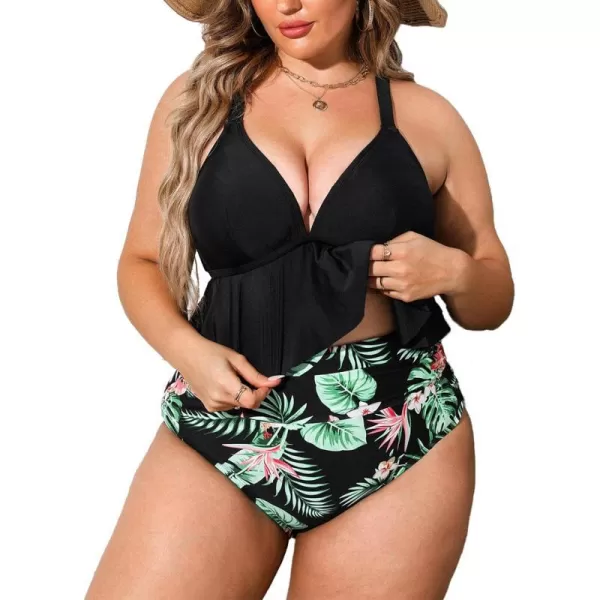 imageCUPSHE Women Swimsuit Plus Size Bikini Set Two Piece Bathing Suit V Neck High Waisted Flowy Ruffle Hem FloralBlack