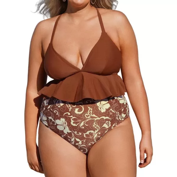 imageCUPSHE Women Swimsuit Plus Size Bikini Set Two Piece Bathing Suit V Neck High Waisted Flowy Ruffle Hem FloralBrown