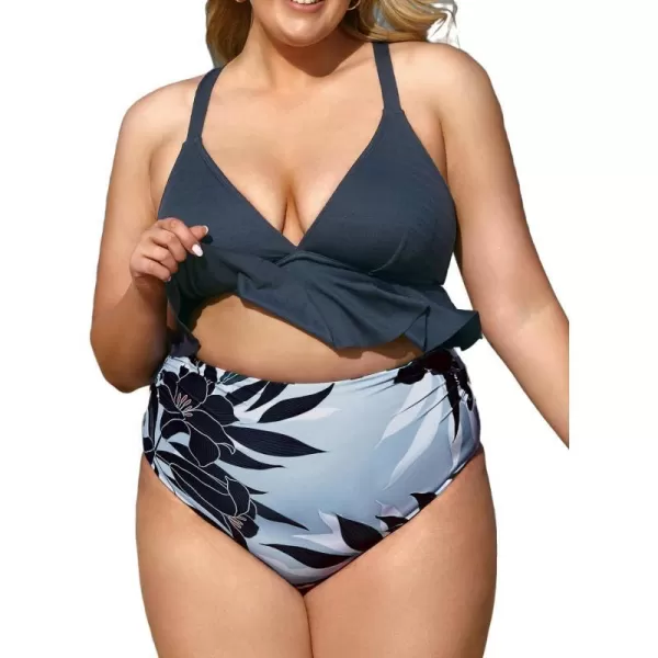 imageCUPSHE Women Swimsuit Plus Size Bikini Set Two Piece Bathing Suit V Neck High Waisted Flowy Ruffle Hem FloralGrey Tropical Print