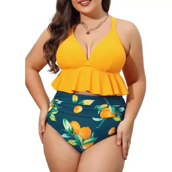 imageCUPSHE Women Swimsuit Plus Size Bikini Set Two Piece Bathing Suit V Neck High Waisted Flowy Ruffle Hem FloralLemon Yellow