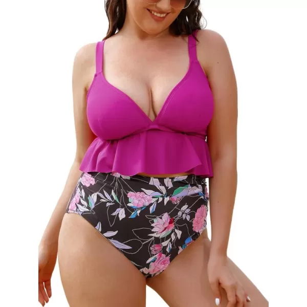 imageCUPSHE Women Swimsuit Plus Size Bikini Set Two Piece Bathing Suit V Neck High Waisted Flowy Ruffle Hem FloralMagenta Floral
