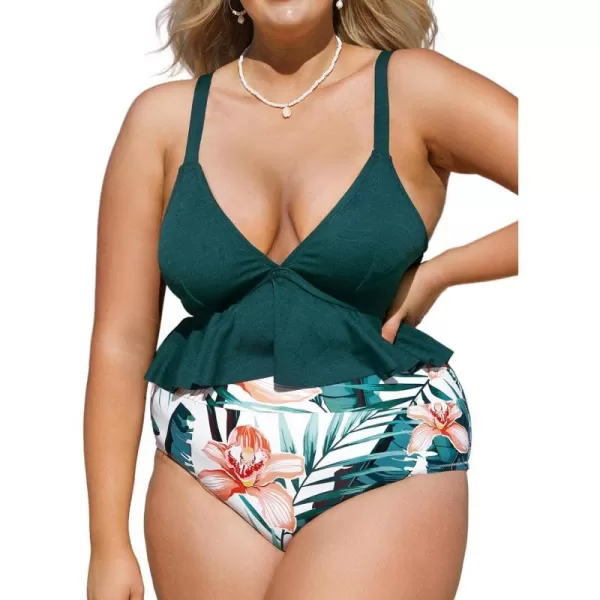 imageCUPSHE Women Swimsuit Plus Size Bikini Set Two Piece Bathing Suit V Neck High Waisted Flowy Ruffle Hem FloralMulticolored