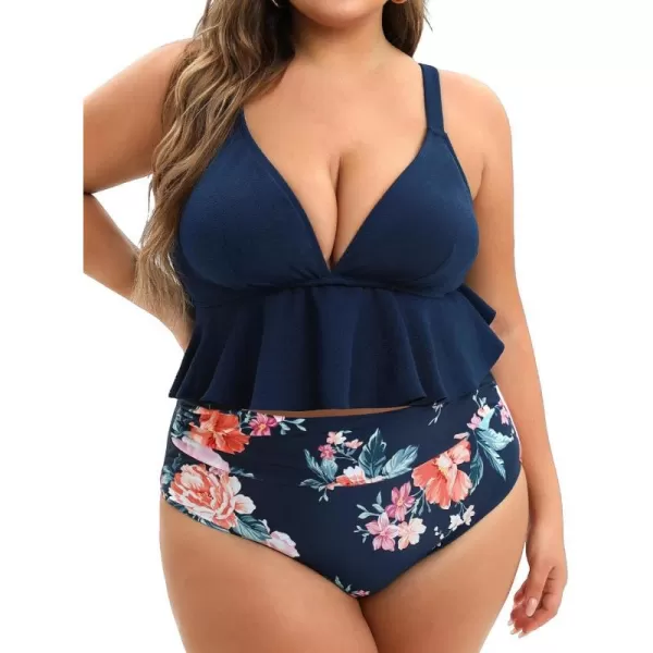 imageCUPSHE Women Swimsuit Plus Size Bikini Set Two Piece Bathing Suit V Neck High Waisted Flowy Ruffle Hem FloralNavy Blue