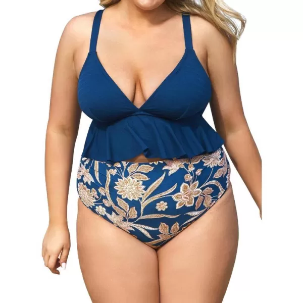imageCUPSHE Women Swimsuit Plus Size Bikini Set Two Piece Bathing Suit V Neck High Waisted Flowy Ruffle Hem FloralNavy Paisley Floral