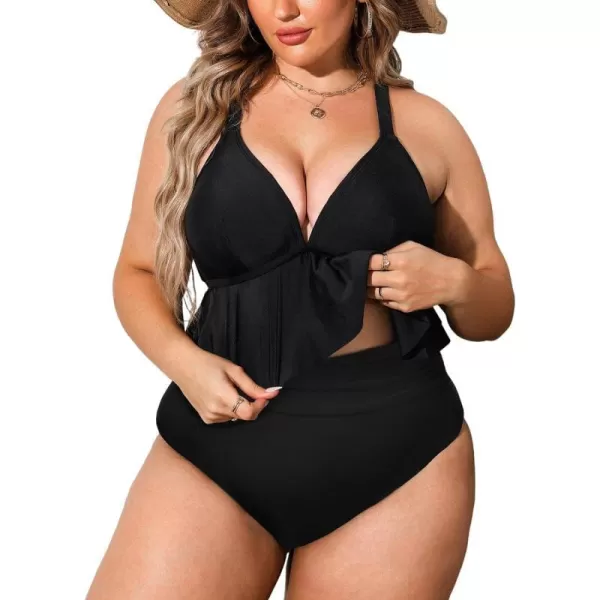 imageCUPSHE Women Swimsuit Plus Size Bikini Set Two Piece Bathing Suit V Neck High Waisted Flowy Ruffle Hem FloralSolid Black