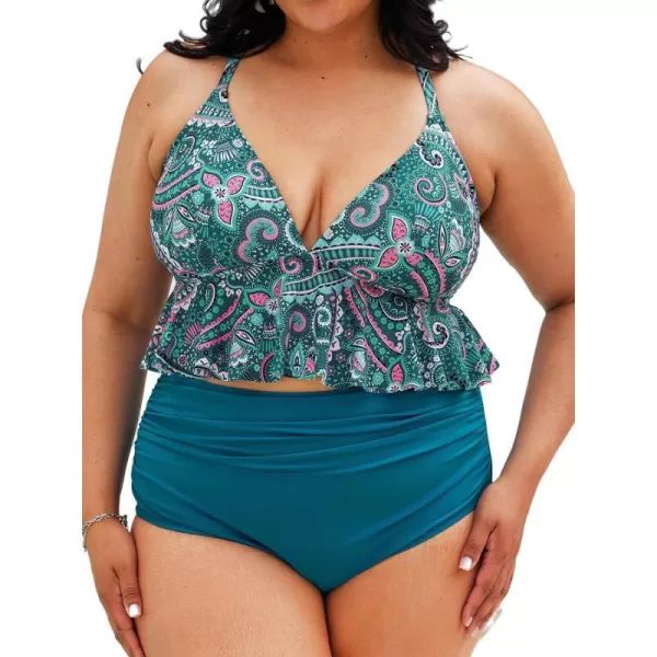 imageCUPSHE Women Swimsuit Plus Size Bikini Set Two Piece Bathing Suit V Neck High Waisted Flowy Ruffle Hem FloralTeal Paisley Floral