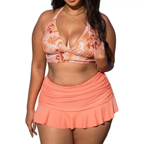 imageCUPSHE Women Swimsuit Plus Size Bikini Set V Neck Halter Triangle Top Back Hook Ruched Ruffle Skirt with BottomVivid Tangerine Paisley Print